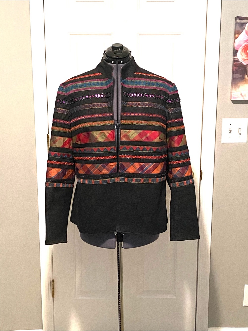 Coldwater creek Embellished Tapestry Jacket 16 Boho Plaid Sequin Trim 55